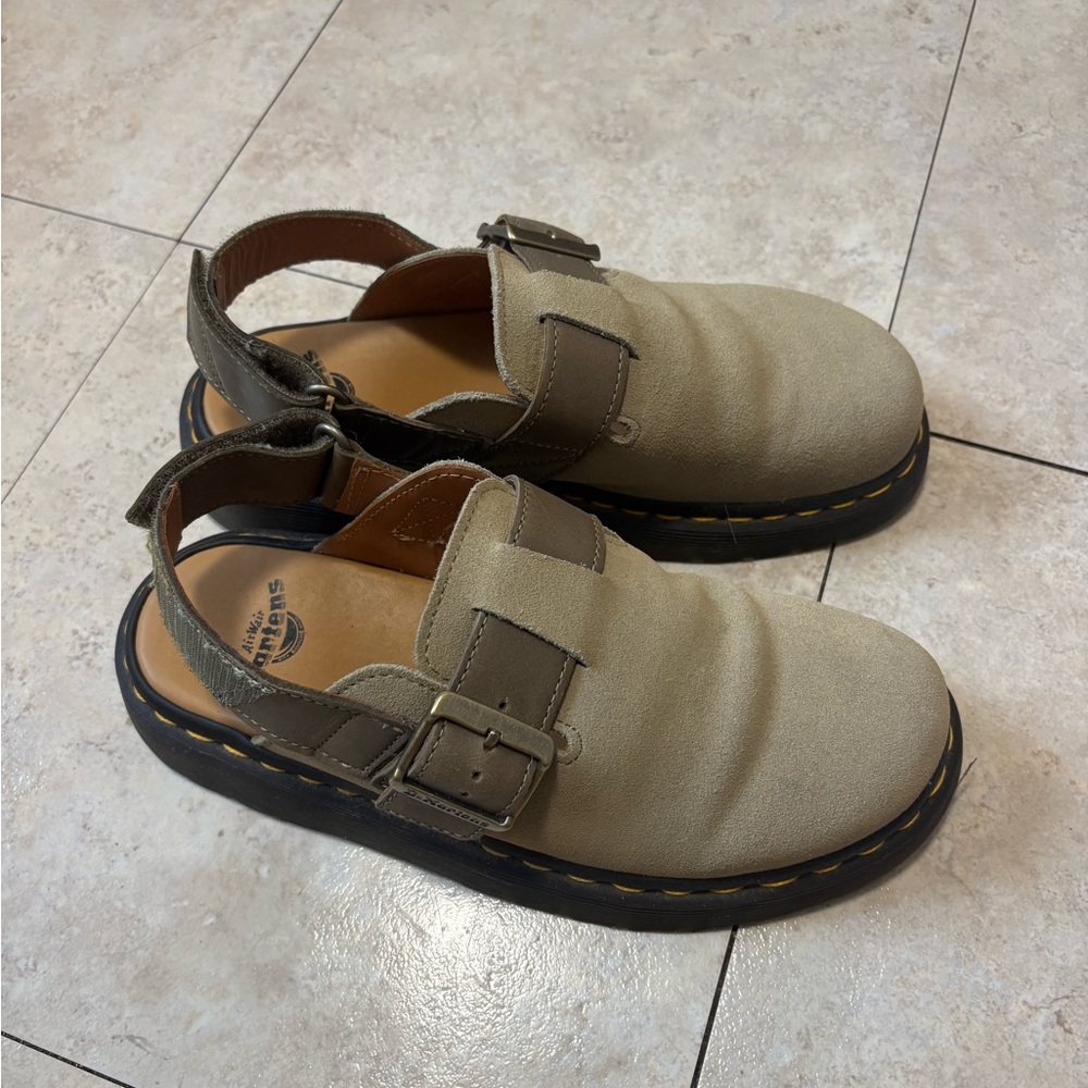 Dr. Martens Tan Suede Buckle Clogs with Black Sole
